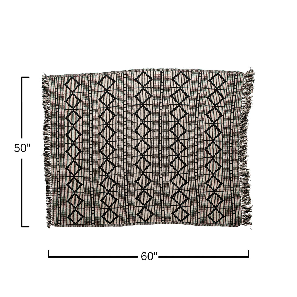 Soft Reclaimed Cotton Blend Throw with Diamond Pattern and Fringe, Black and Beige