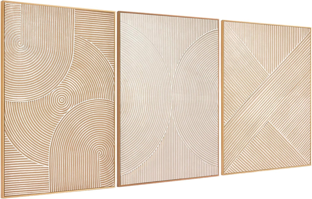 Large Textured 3D Wall Art Neutral Set of 3- and-Painted Abstract Canvas Framed Paintings Brown - Modern
