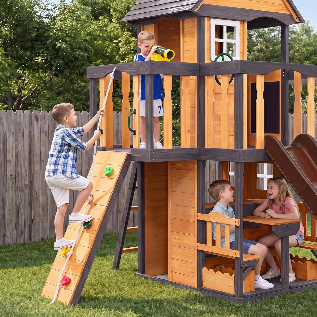 Kids Playground Wooden Swing Set Garden Lawn Play House, Natural | Solid Pine, Kids' Playground, ASTM Safety Norms