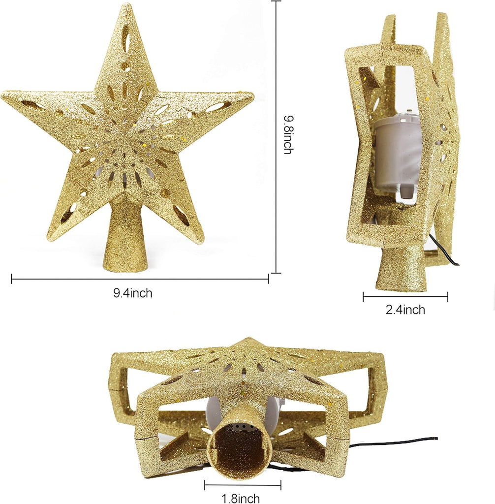 Christmas Star Tree Topper Lighted with Projector, Built-in LED Rotating Lights, Gold 3D Glitter Decorations for Xmas