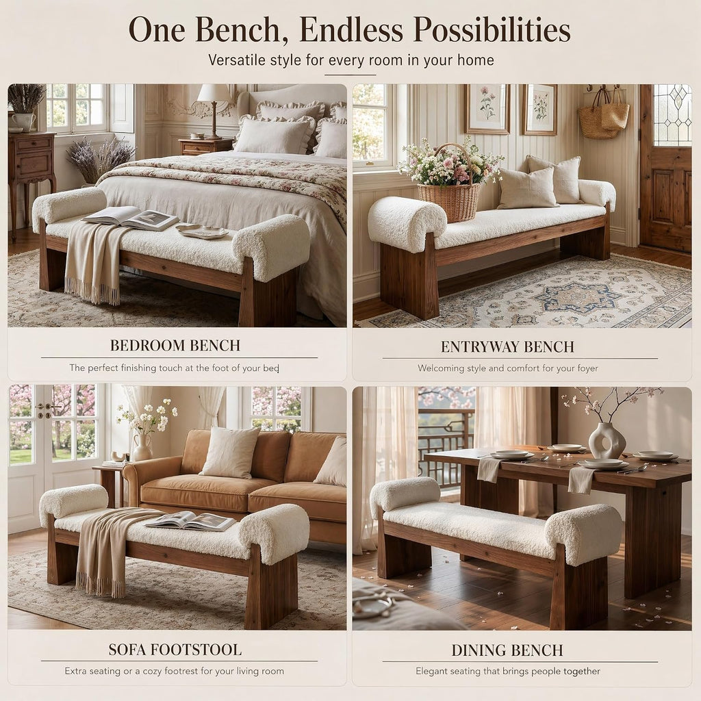 Solid Wood Cushioned Bench, Upholstered Entryway Bench | Bedroom Ottoman Bench for Bed End, Padded Bench, Farmhouse