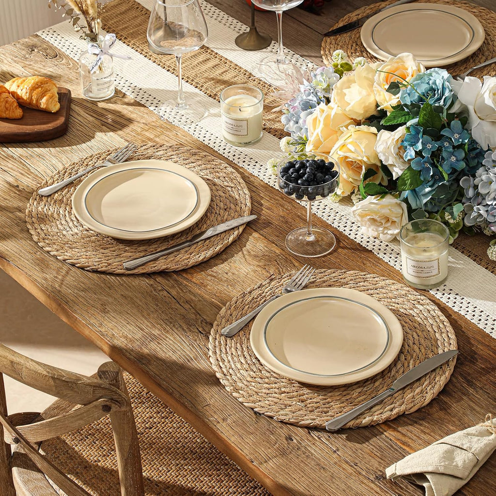 13.8'' Round Woven Placemats Set of 6, Boho Wicker Chargers, | Handmade from Natural Water Hyacinth, Heat-resistant &
