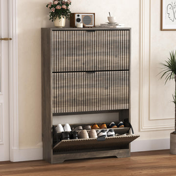 Shoe Cabinet Storage with 3 Flip Drawers, Grey Fluted Shoe Cabinet with Adjustable Shelves, Wooden Hidden Shoe Rack