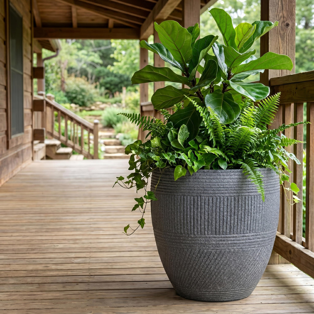 15" Textured Drum Outdoor Planter, Charcoal Gray, Modern Round Plant Pot
