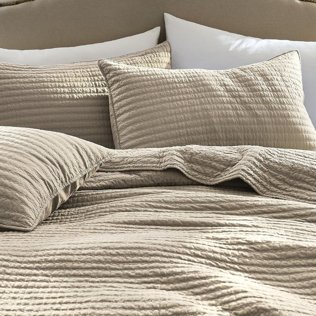 100% Cotton Queen Quilt Set - Beige Neutral Striped Pick Stitch Soft Lightweight Bedspread, Textured Like Linen