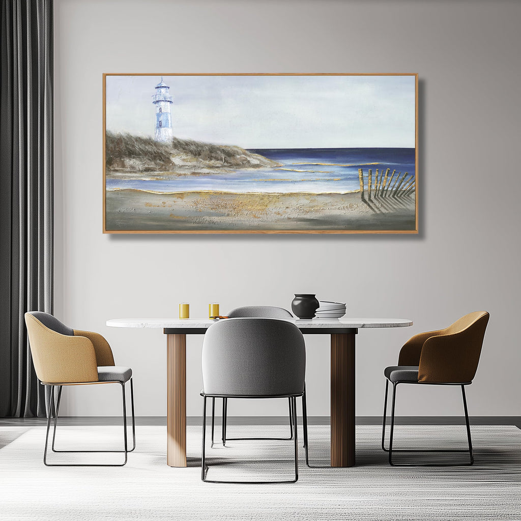 Coastal Wall Art Framed Wall Decor Blue and White Lighthouse Canvas Painting Modern Wall Hanging Artwork Bedroom