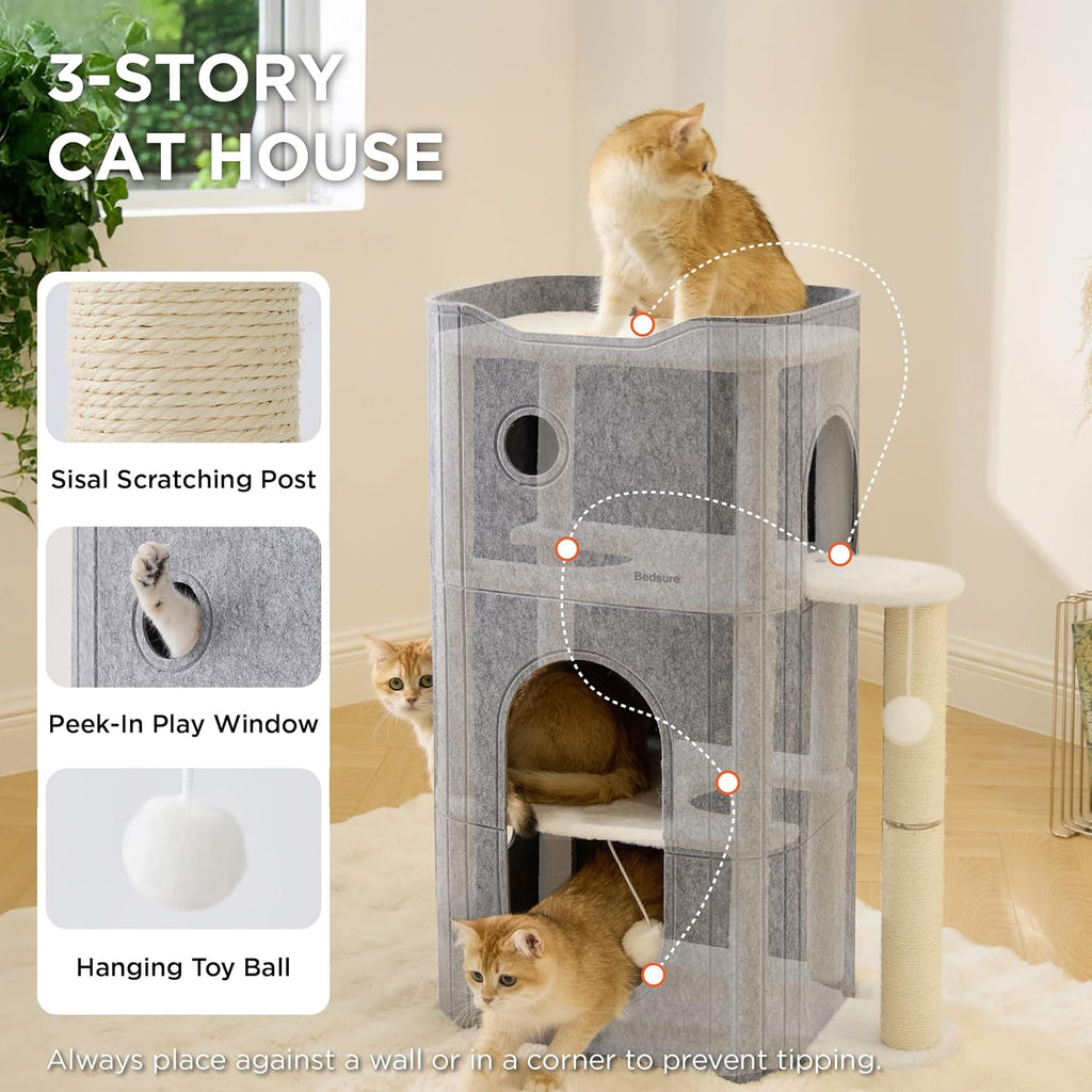 3-Level Cat Tree for Indoor Cats with Scratching Post, Grey