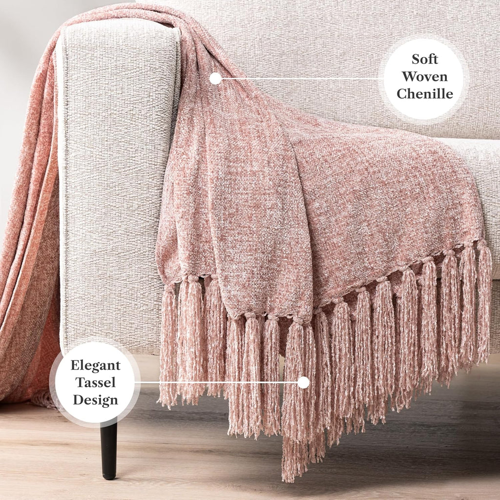 Pink Chenille Throw Blanket, Light Pink Soft Knit Throw with Tassel, Decorative Blanket, Blush Pink 50x60
