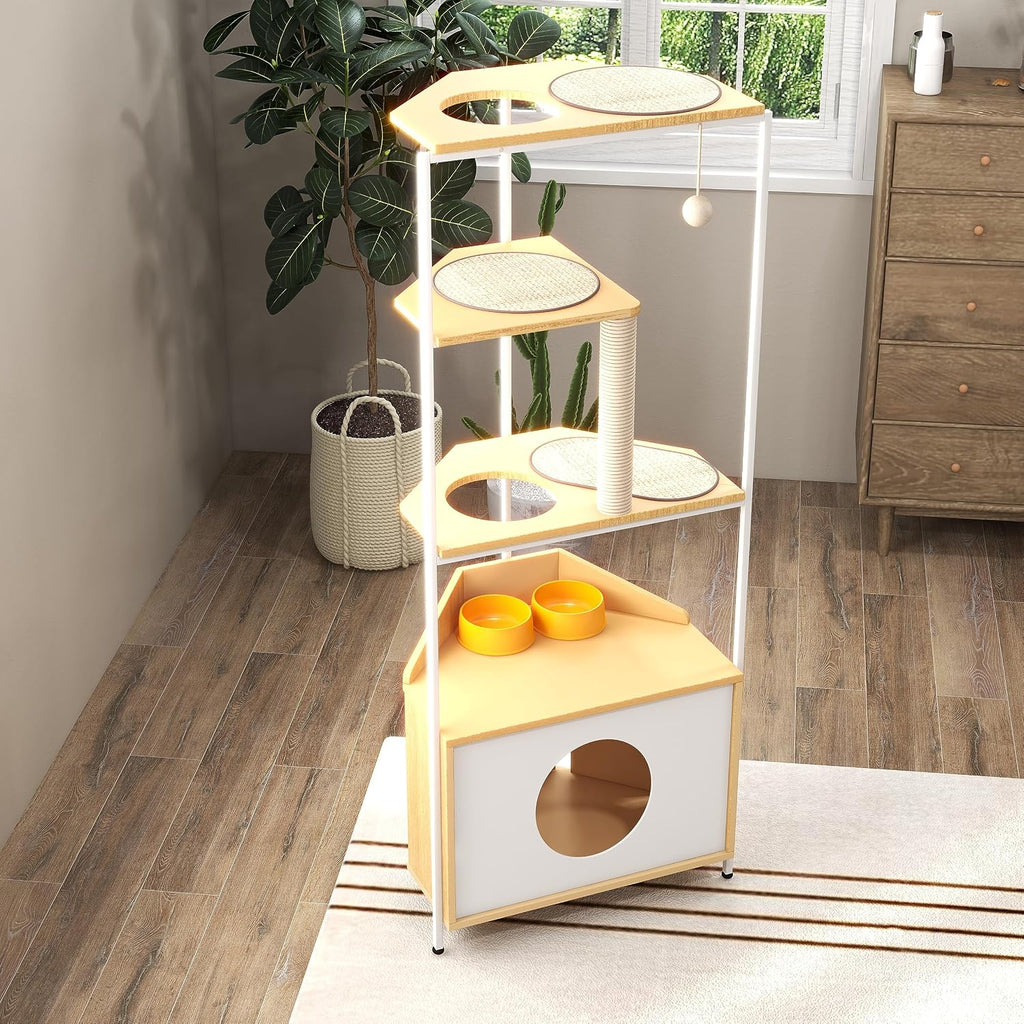 Corner Cat Tree Cat Tower Cat Condo Cat House Furniture, White + Light Oak