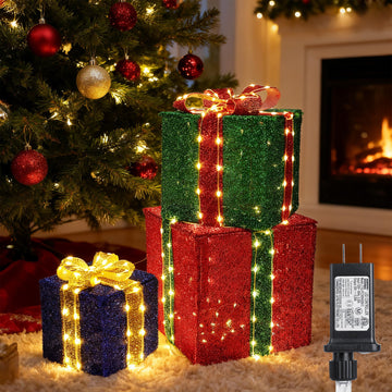 Set of 3 Christmas Lighted Gift Boxes - Warm White 160 LEDs Outdoor Decor