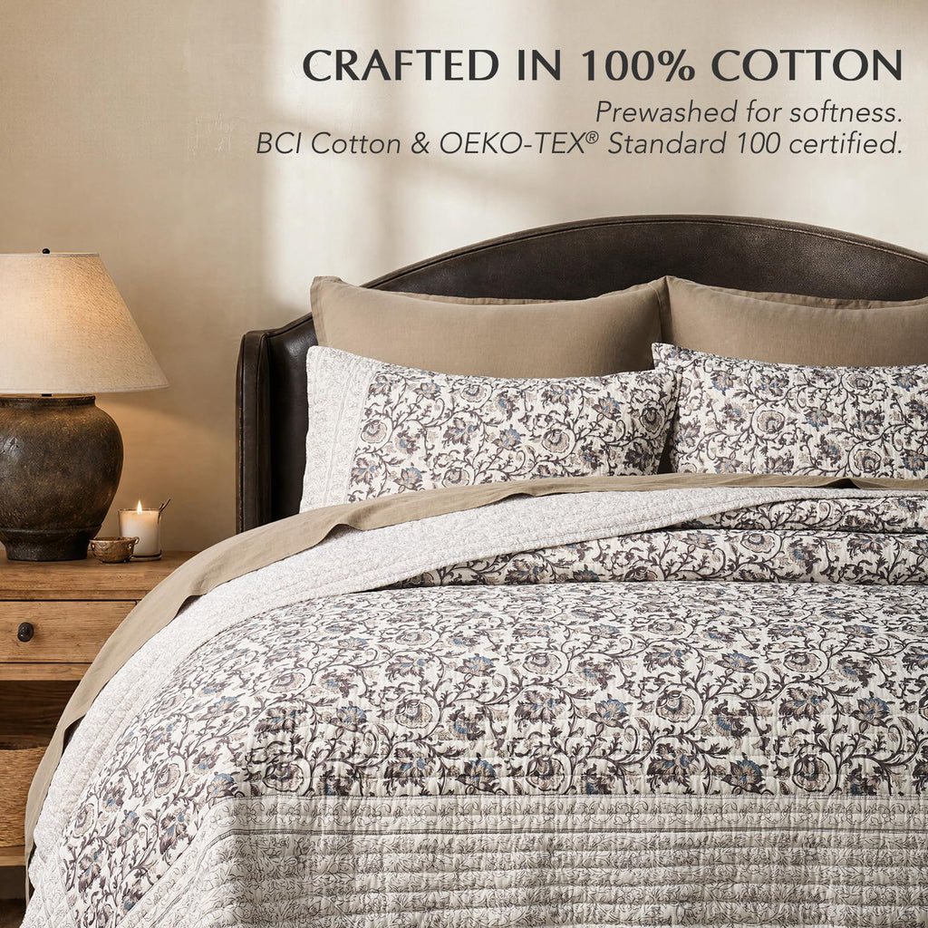 100% Cotton Floral Quilt Set, Taupe Warm Gray 110"×92"