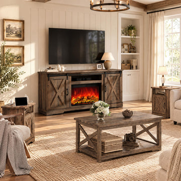 Living Room Furniture Set, 59" Barnwood TV Stand with Fireplace