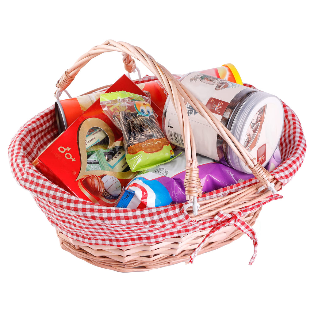 Oval Wicker Gift Basket with Double Drop Down Handles, Red Gingham Lining, Woven Picnic Basket for Gifts, Gathering
