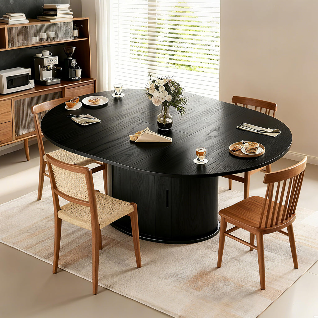 Extendable Round Dining Table for 2-4-6, 63 Inch Dining Room Kitchen Table with 2-Tier Storage Shelf, Modern