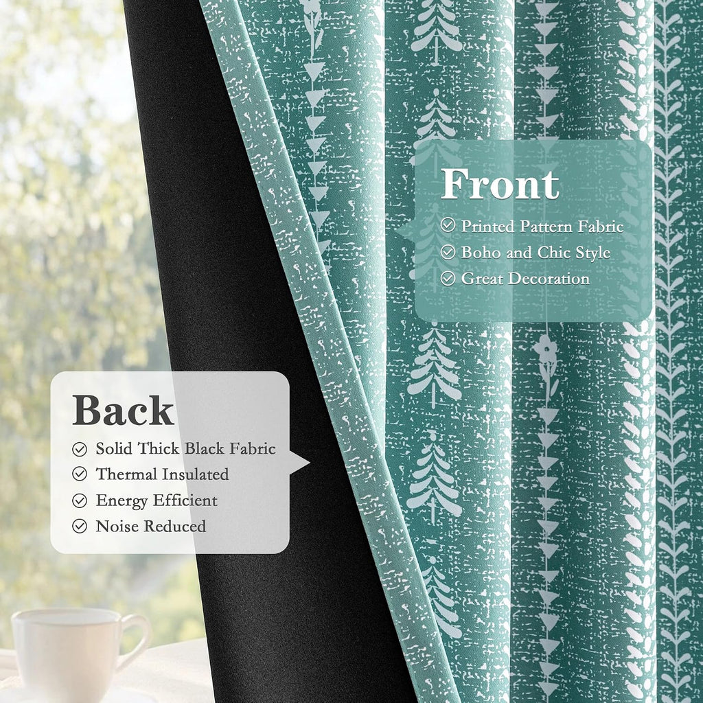 Sage Green Blackout Curtains 84 Inch Length - Boho Farmhouse Printed 95% Room Darkening Aqua Thermal Insulated Drapes