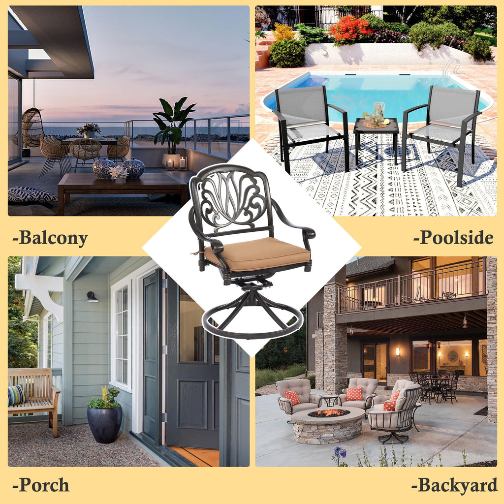 Cast Aluminum Outdoor Swivel Dining Chairs, All-Weather Patio Swivel Rocker Chair Sets with Cushion for Garden
