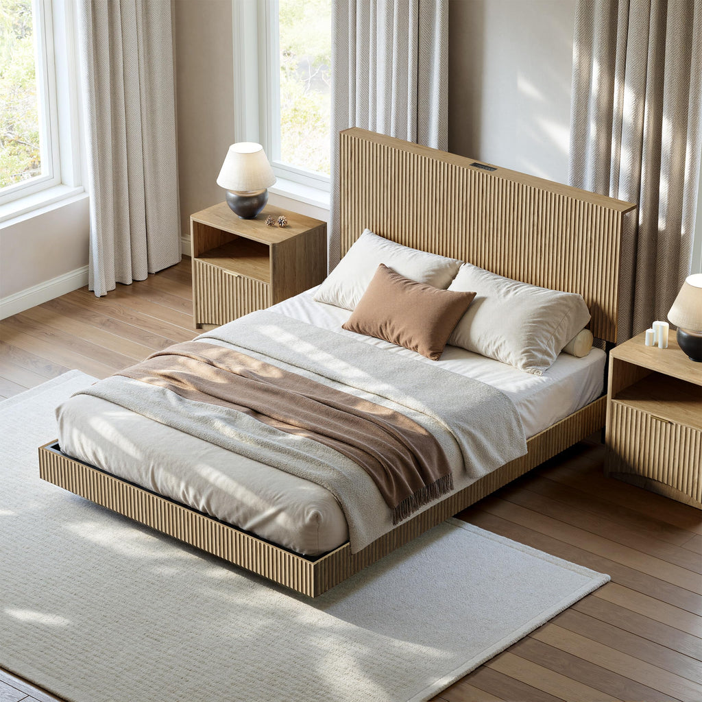 Oak Queen Floating Bed Frame with Headboard & Charging Station