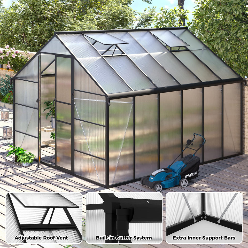10x12 FT Greenhouse for Outdoors, Polycarbonate Greenhouse with Roof Vent, Enhanced Aluminum Large Walk-in Green