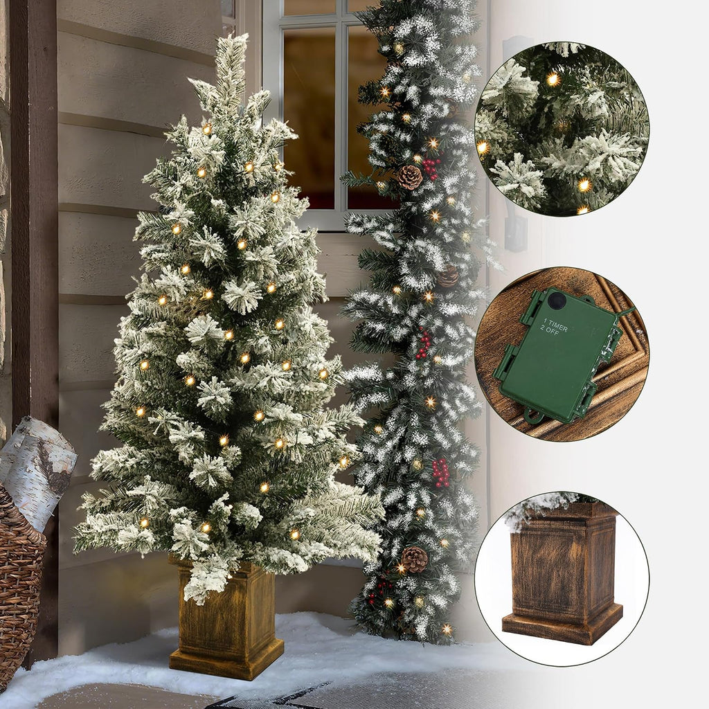 LuxenHome 4FT Prelit Flocked Potted Christmas Tree, Lighted Pencil Tree