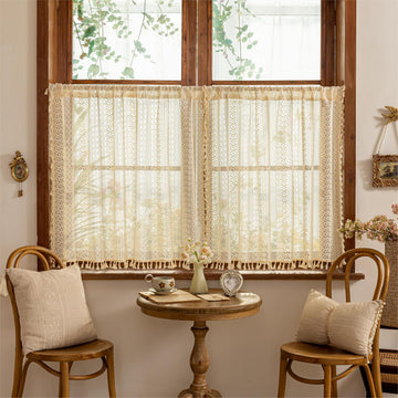 Beige Boho Lace Short Kitchen Curtains 36 inches Long for Cafe Laundry Room, Semi Sheer Window Curtains Farmhouse