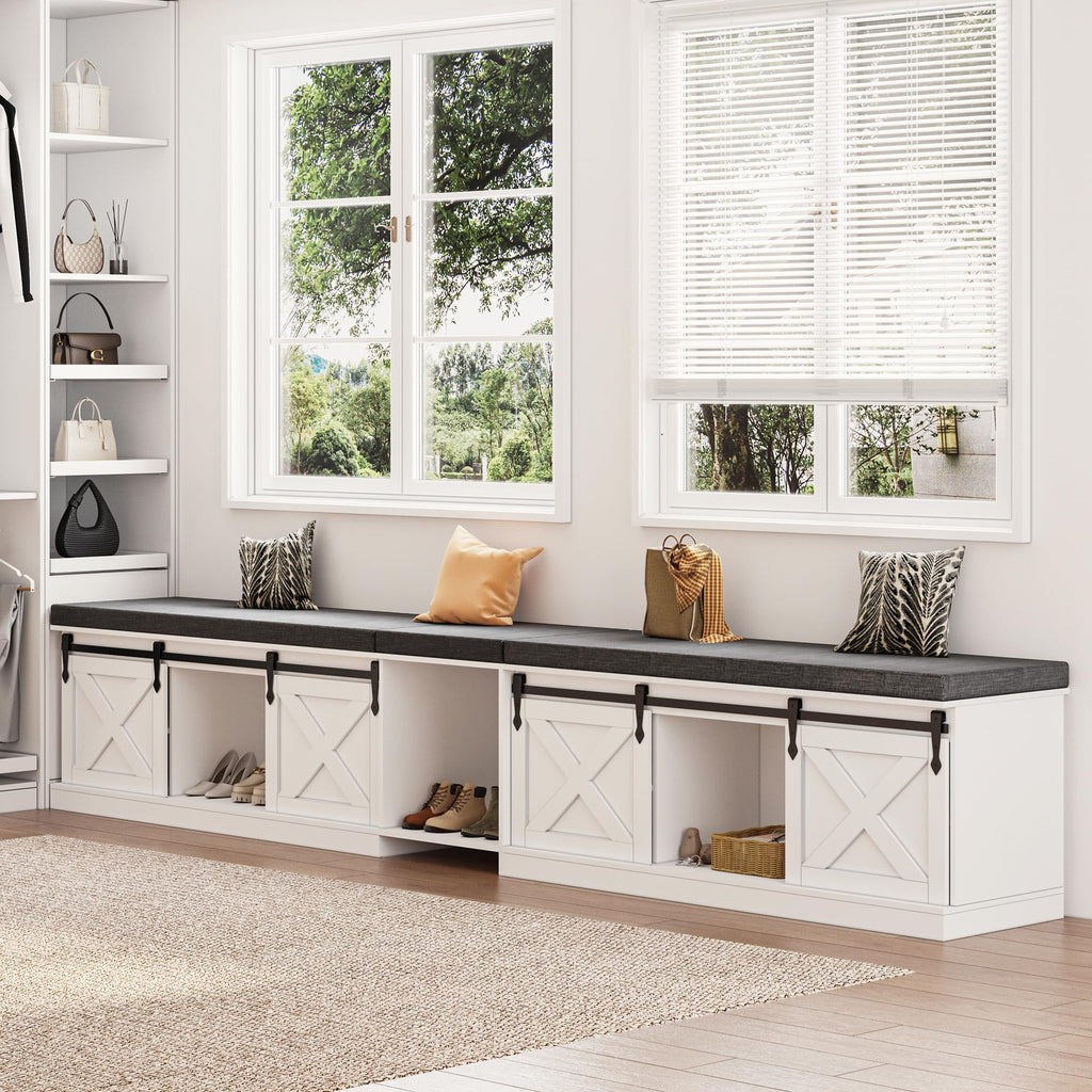 Farmhouse L Shaped Corner Shoe Storage Bench, Corner Bench with Cushion and Sliding Barn Door, 63" Breakfast Nook