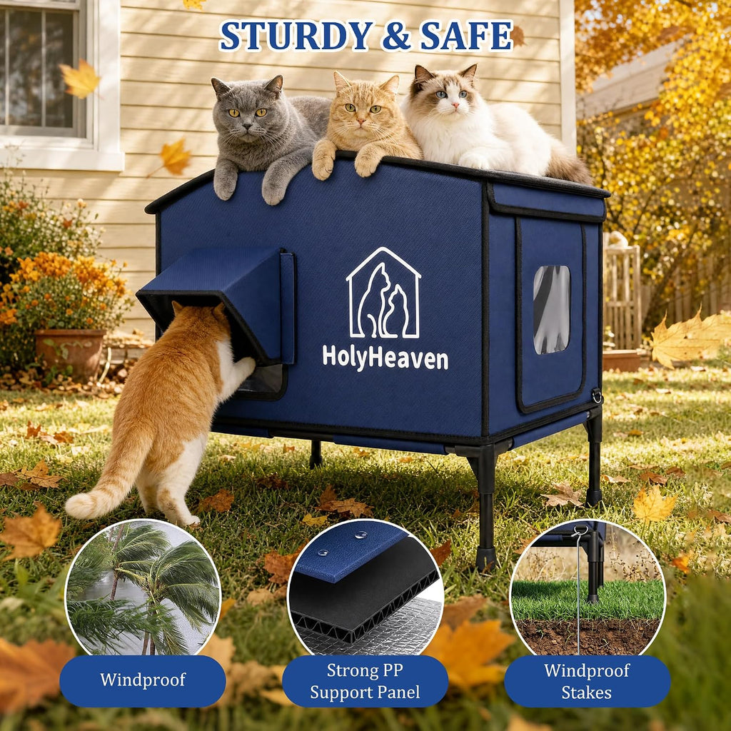 Extra Large PU Leather Heated Cat House for Outside, Waterproof Cat Houses for Outdoor Cats with Heating Pad & Escape