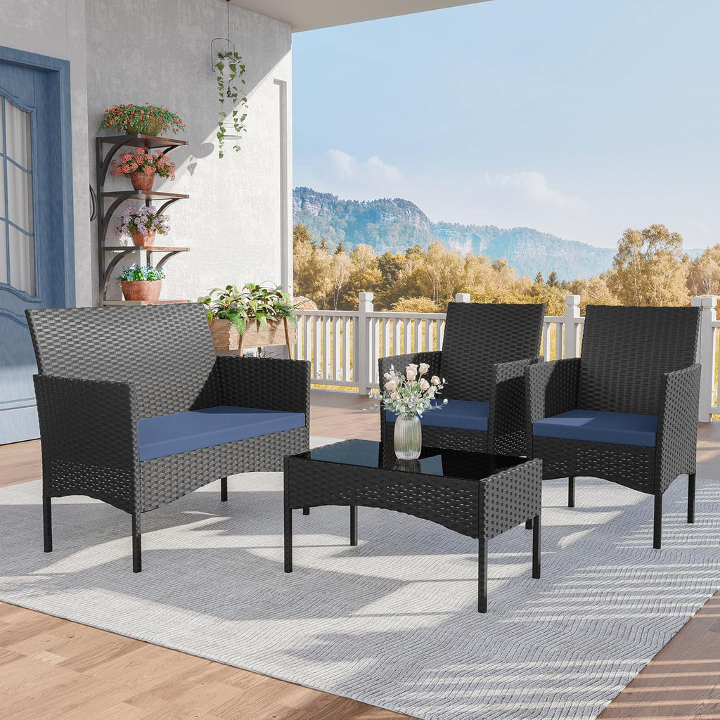 Kurapika Patio Furniture Set 4 Pieces Outdoor Wicker Rattan Chairs Conversation Sets w/Coffee Table