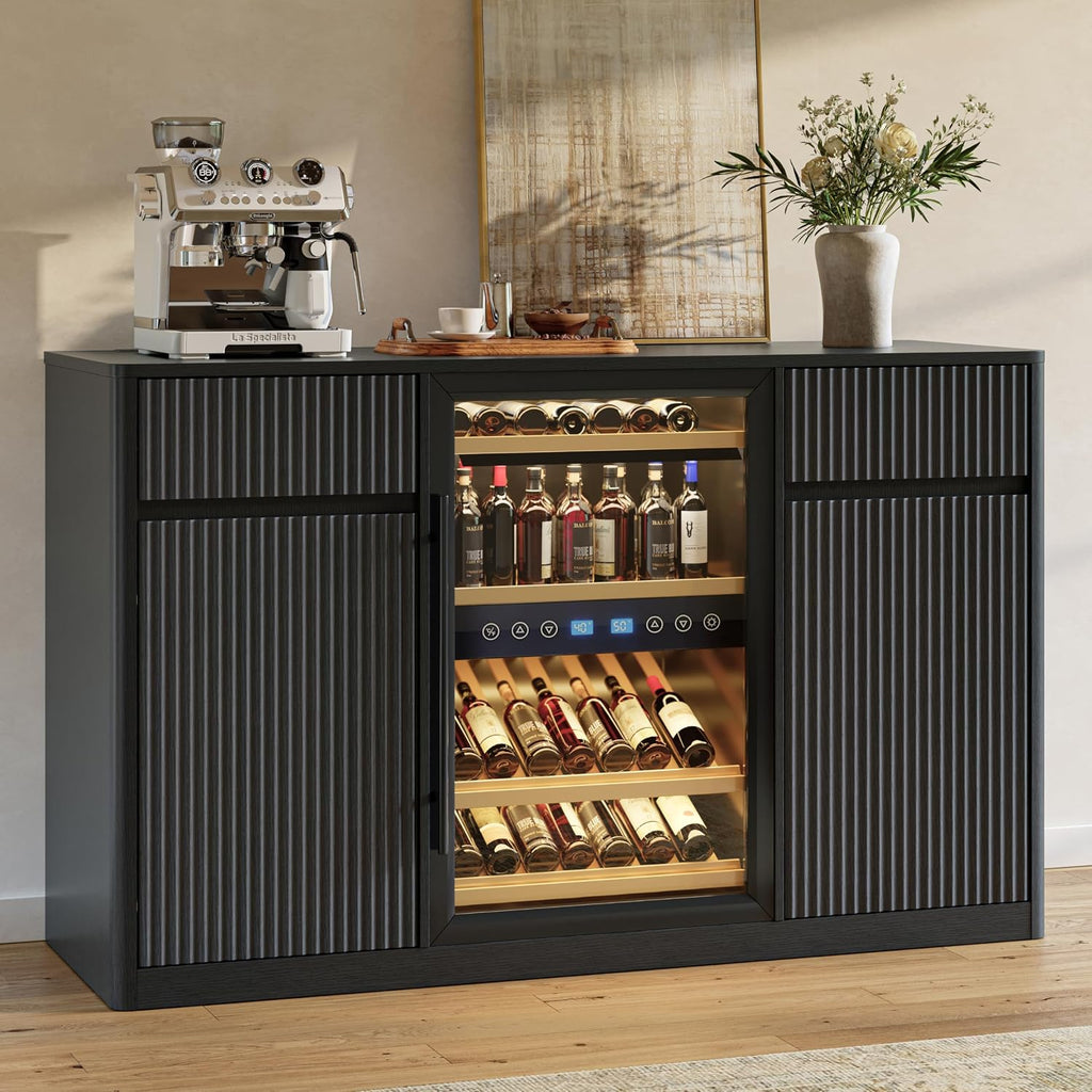 53" Fluted Coffee Bar Cabinet with Mini Fridge Space, 2 Drawers and Charging Station, Black