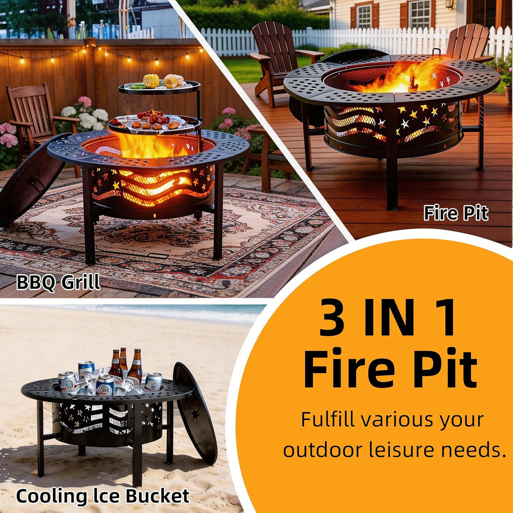 42" Outdoor Fire Pit with 2 Grills - Wood Burning Firepit for Outside with Cover & Poker