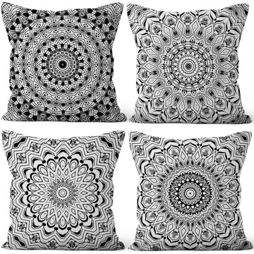 Bohemian Black Floral Throw Pillow Covers 16"x16" Set of 4, Mandala Abstract Flower Cushion Covers Moroccan Abstract