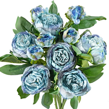 Vintage Dusty Blue Peonies - Realistic Artificial Silk Flowers with Dry-Look Petals, 6 Stems for Rustic Home &