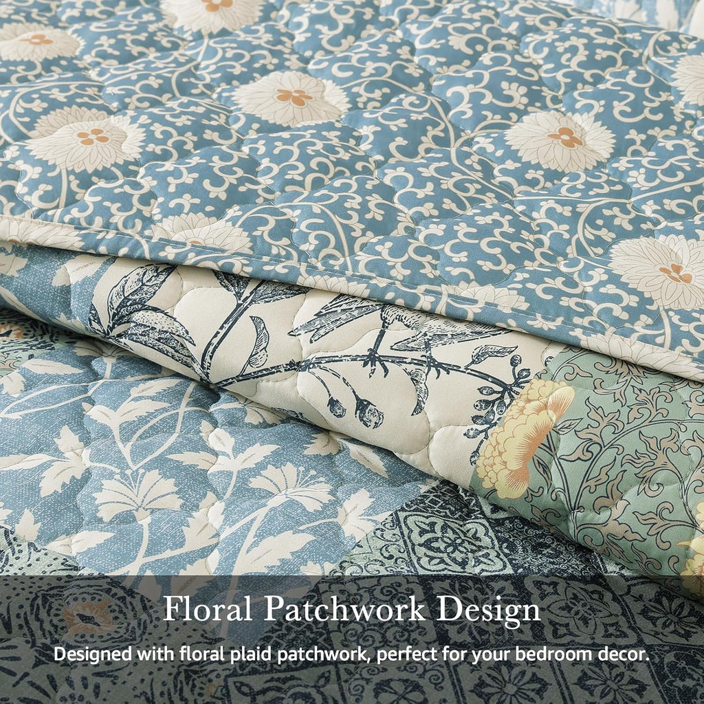 Queen Quilt Set - 3 Pieces Patchwork Green Quilt Bedding Set, Lightweight Queen Bedspread Coverlet, Reversible Floral