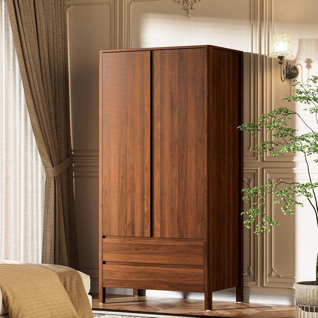Armoire Wardrobe Closet, 70.9" Tall Wardrobe Cabinet with 2 Doors, 2 Large Drawers and Hanging Rod, Wooden Clothing