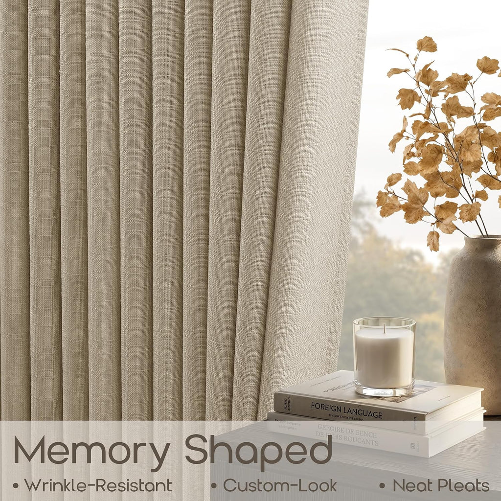 Pinch Pleat Linen Blend Light Filter Sheer Oatmeal Curtains 96 Inches Long