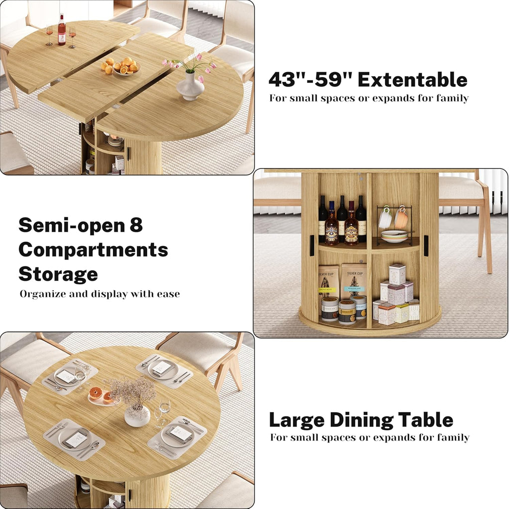 Extendable Dining Table 43-59" for 4-6 People, Solid Wood Top with Fluted Slide Door & 8-Compartment Storage, Space