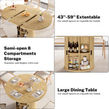 Extendable Dining Table 43-59" for 4-6 People, Solid Wood Top with Fluted Slide Door & 8-Compartment Storage, Space
