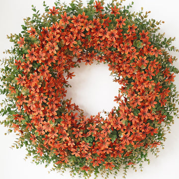 32" Large Artificial Eucalyptus Silk Flower Wreath for Outdoor(Fall Orange)