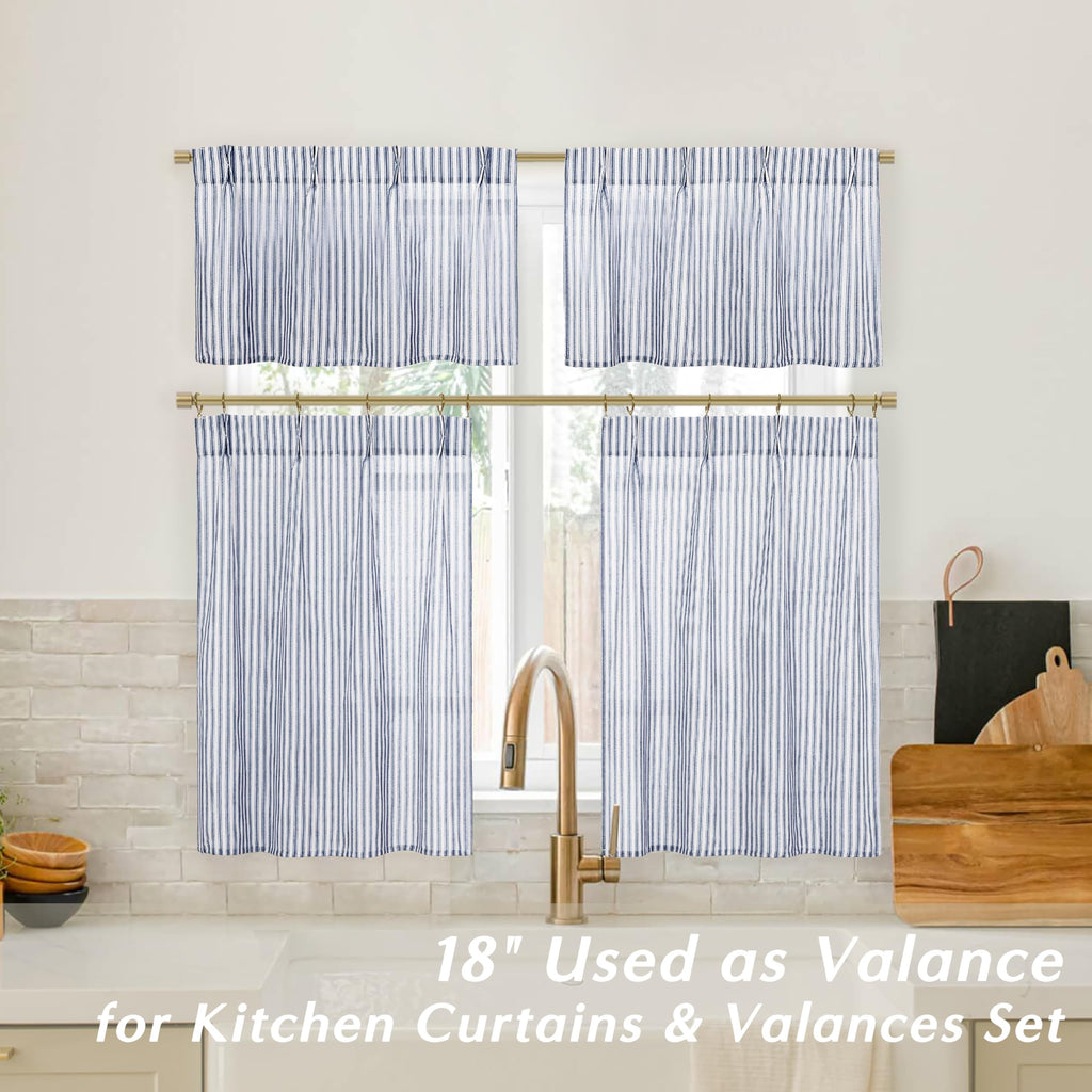 Navy Blue Kitchen Curtains, Ticking Stripe Cafe White Farmhouse 24 Inch Length Linen Sheer Ocean Nautical Curtains