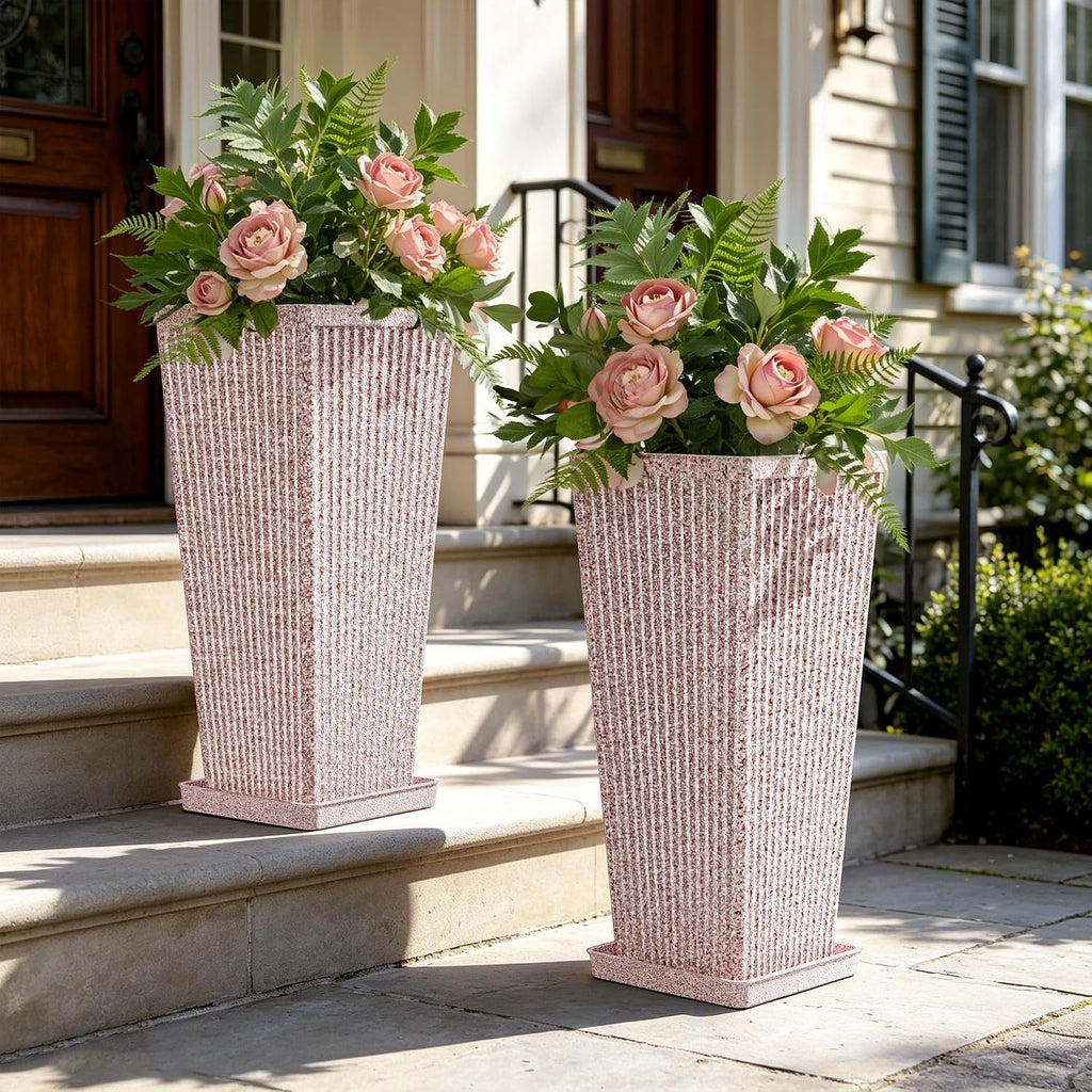 24" Tapered Tall Planters for Outdoor Plants with Tray&Shelf, Red | Resin PP Weather-Resistant Material, Stone&Fluted