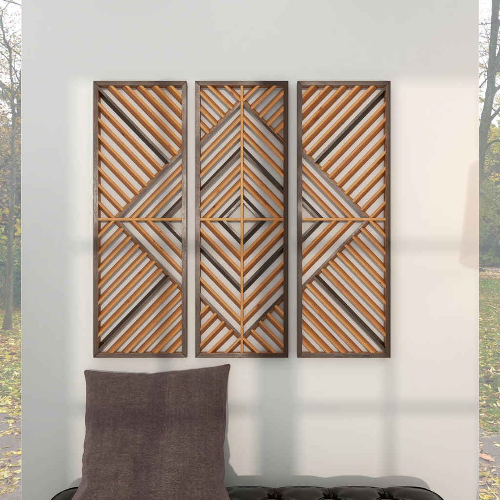 Wood Geometric Home Wall Decor Wall Art 12"W, 35"H, Oiled Brown