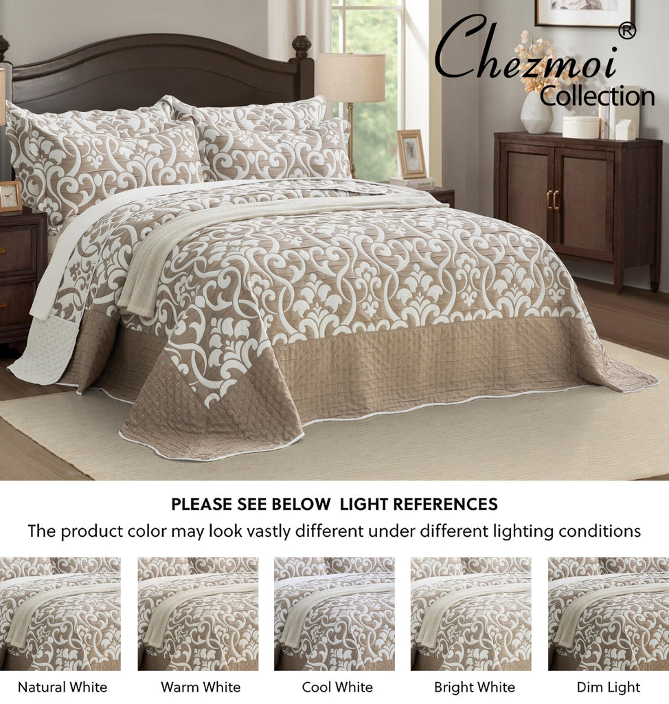 Oversized Bedspread 138x122, Jacquard Matelasse Floral Damask Design, 5-Piece Lightweight Reversible Microfiber