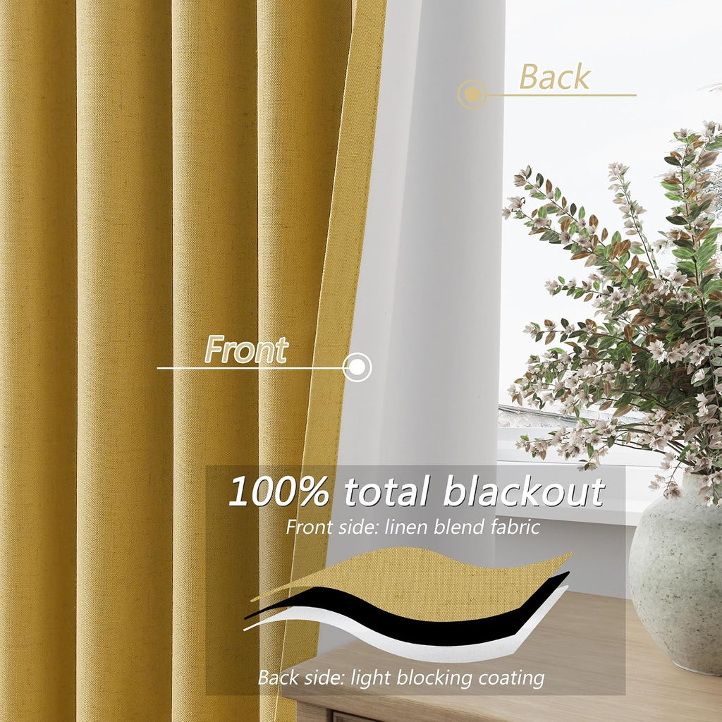 Gold 100% Blackout Linen Curtains 84 Inch Length 2 Panels Set for Living Room Bedroom Back Tab Thermal Insulated