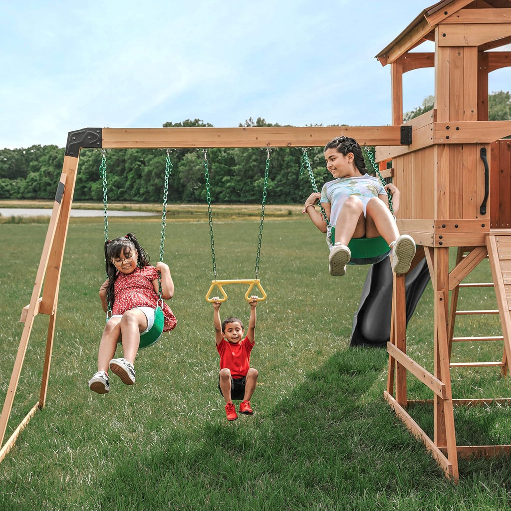 Sterling Point Cedar Wood Swing Set with Wave Slide, Raised Clubhouse, Wooden Bridge, Rock Wall, Belt Swings, Web
