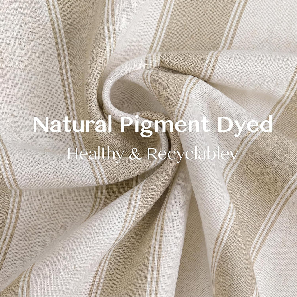 Beige Stripe Pinch Pleated Curtains 84 inches, Linen Blend Light Filtering Gingham Drapes with Memory Pleats for Living Room Bedroom, 2 Panels