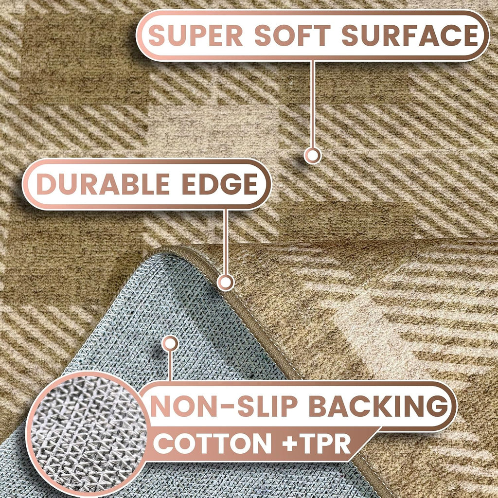 Washable Checkered Rug, Brown Tan Checkerboard Modern Minimalist Large Foldable Area Rug, Ultra-thin Low Pile