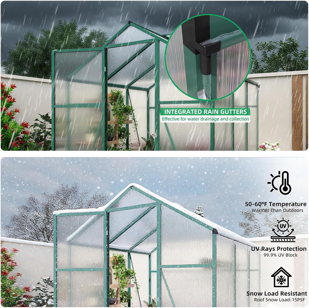 6x10FT Walk-in Polycarbonate Greenhouse Kit, Heavy Duty Aluminum Alloy Frame Green House with Ventilation & Drainage
