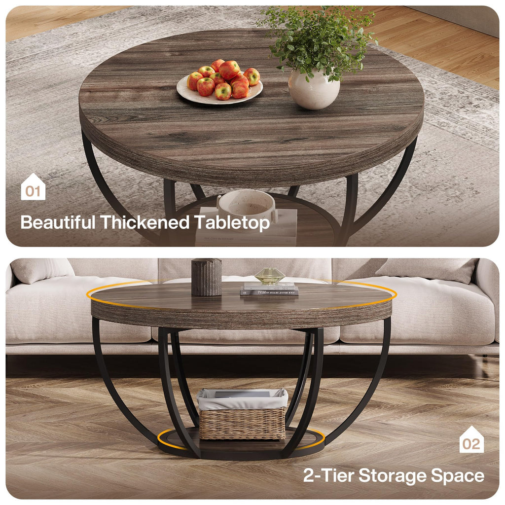 31.7" Round Wooden Coffee Table with Storage Pedestal