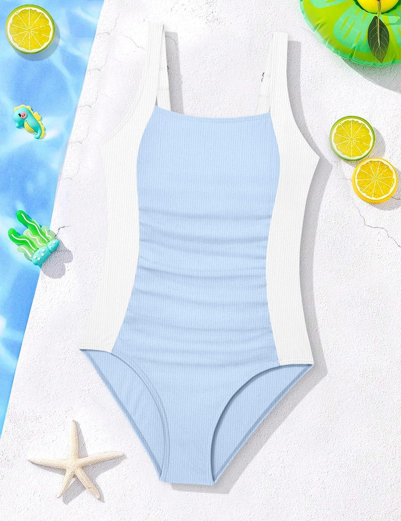 Girls Swimsuit One Piece Swimsuits Ribbed Bathing Suit for Girls Color Block Ruched Adjustable Strap Pad Swimwear