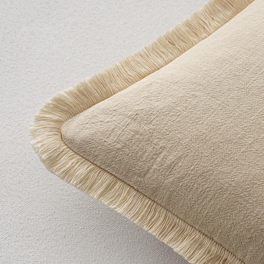 Boho Linen Fringe Decorative Lumbar Throw Pillow Covers Beige 12x20