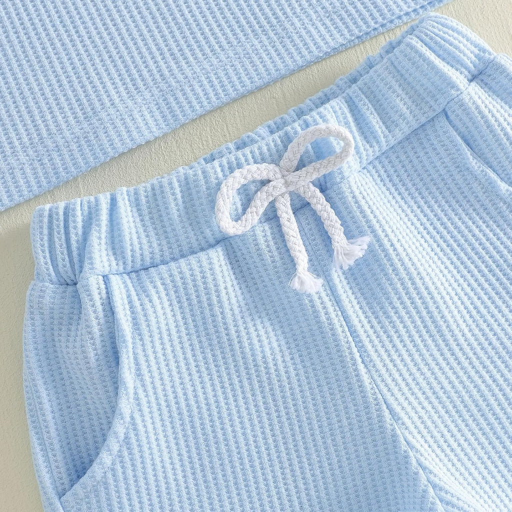 Toddler Baby Boy Summer Clothes Button Waffle Short Sleeve T-Shirt Top Elastic Waist Shorts Set 2Pcs Infant Outfit